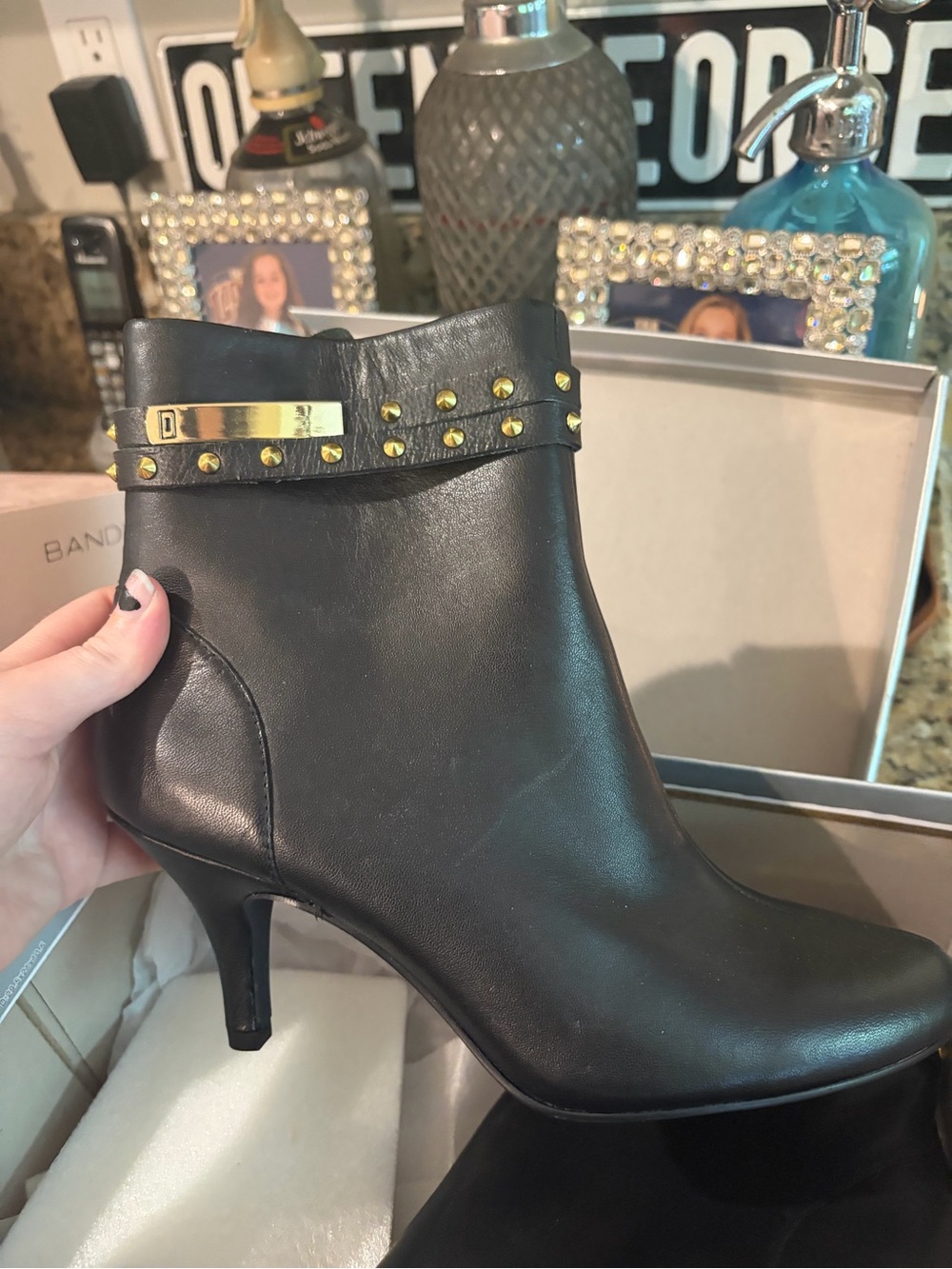 AEROSOLES Black Leather Ankle Boot with Gold Stud Accents